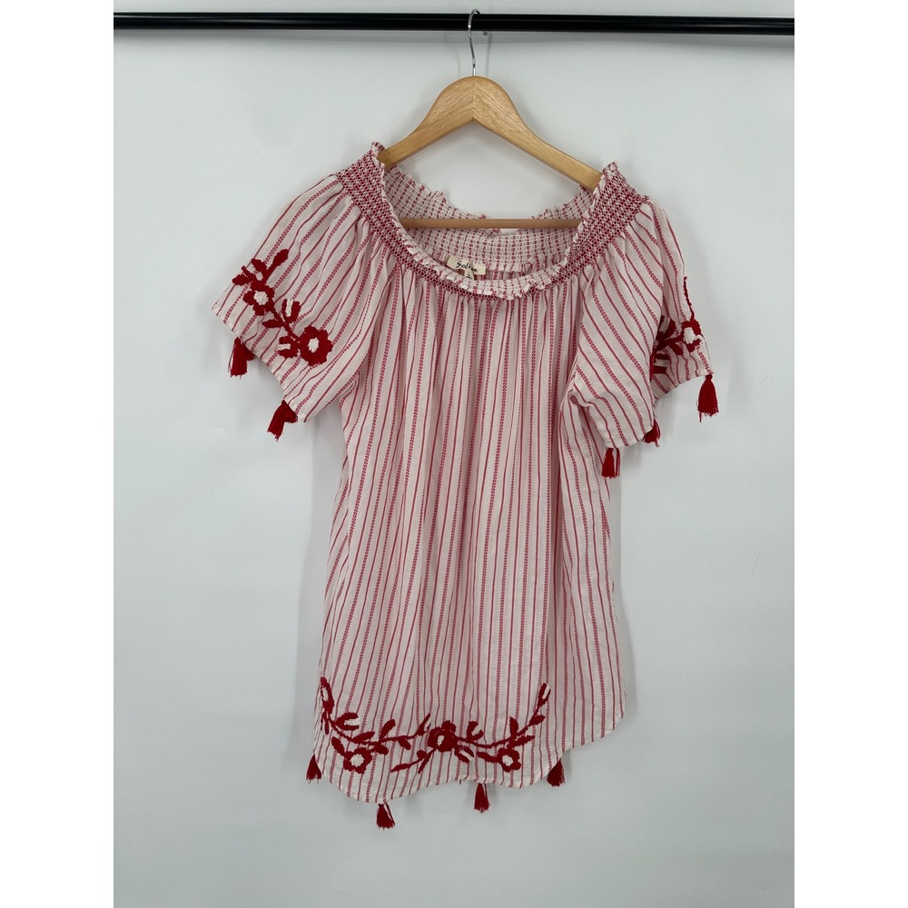 Solitaire Peasant Blouse Womens Size L Boho Embroidery Tassels Coastal Smocked